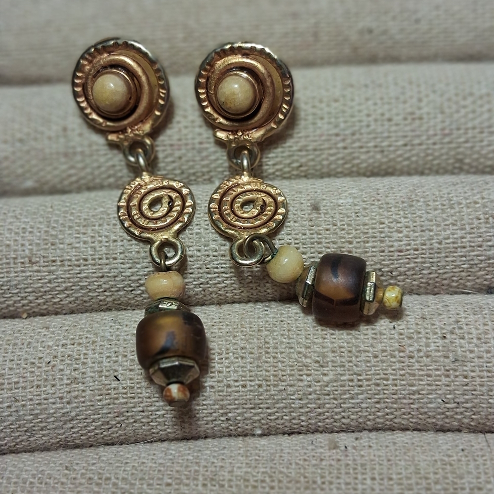 Gold-Tone Spiral Drop Earrings with Cream and Brown Beads